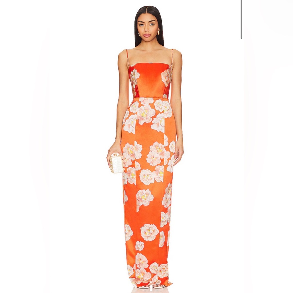 Orange Floral Strapless Wedding Guest Gown